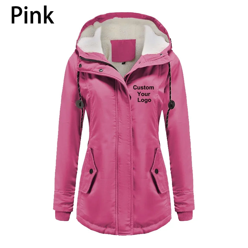 Women Fashion Custom Your Logo Jacket Winter Warm Lined Jacket Coat Casual Hooded Outwear Parka Jacket with Pockets