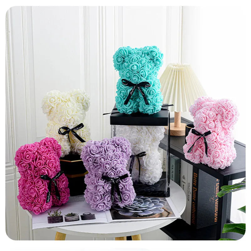 Rose Bear – 20cm Artificial Foam Flower Bear – Romantic Gift for Valentine’s Day, Anniversaries, Weddings, and Birthdays (With Gift Box)