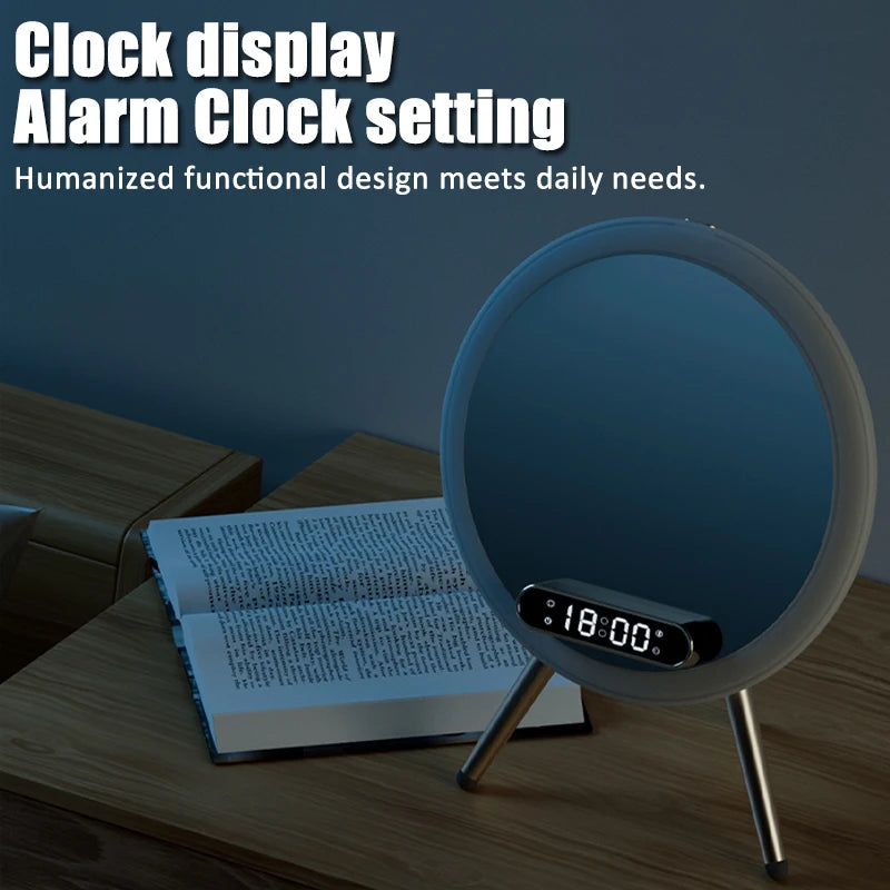 Smart Bluetooth Speaker Wireless Mirror Sound Box Desktop Alarm Clock with LED Night Light TF Music Player 15W Wireless Charger