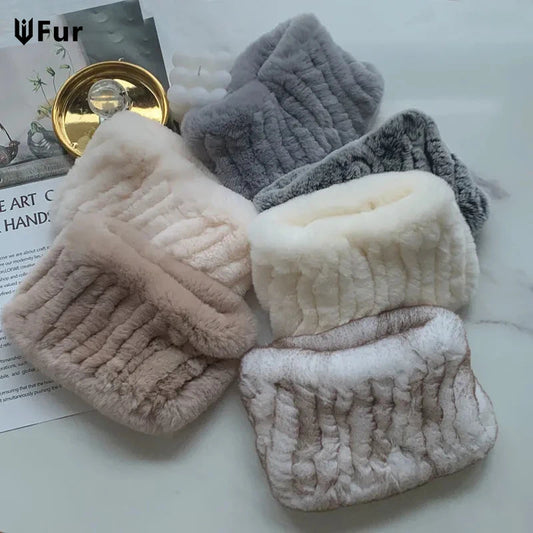 Hot Sale Brand Women Real Rex Rabbit Fur Scarf Girls Warm Soft Knitted Good Elastic Rabbit Fur Headband Natural Fur Ring Scarves