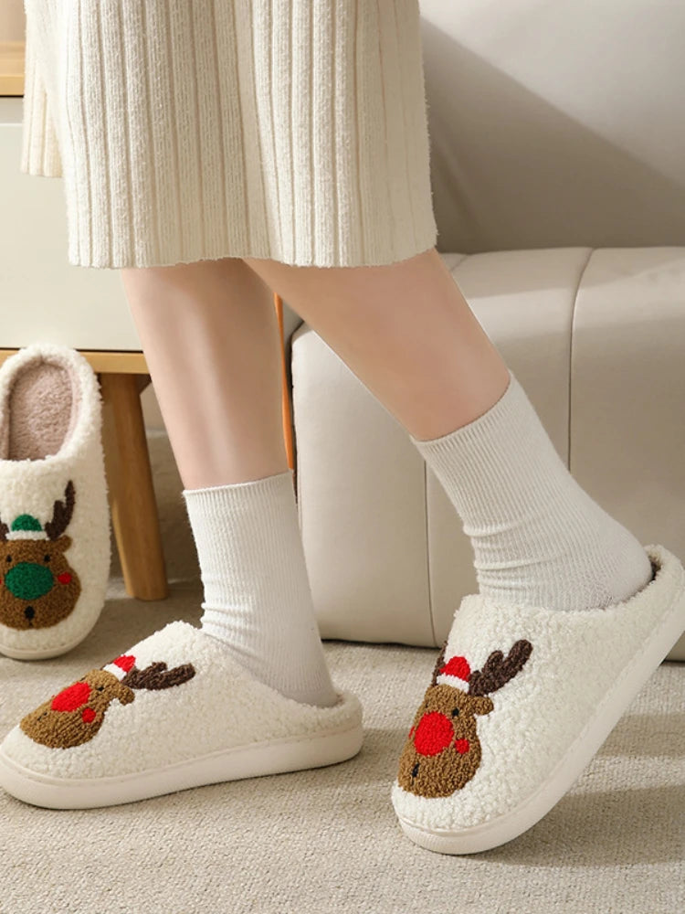 Christmas Elk Cotton Slippers for Couples – Cute Cartoon Non-Slip Indoor Plush Slippers for Women and Men, Warm Winter Floor Slides