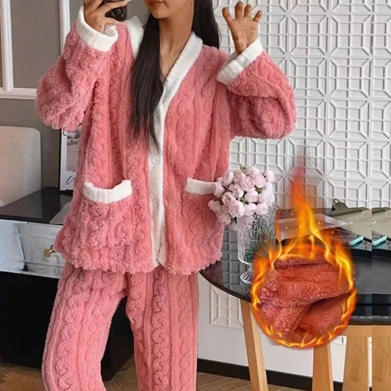 2Pcs/Set Women Warm Loungewear Set Autumn Winter Thickened Plush Thermal Pajamas Set Coral Fleece Homewear Set