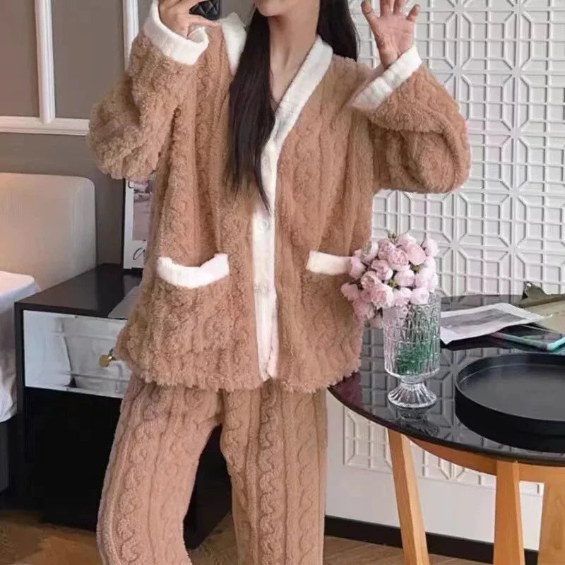 2Pcs/Set Women Warm Loungewear Set Autumn Winter Thickened Plush Thermal Pajamas Set Coral Fleece Homewear Set