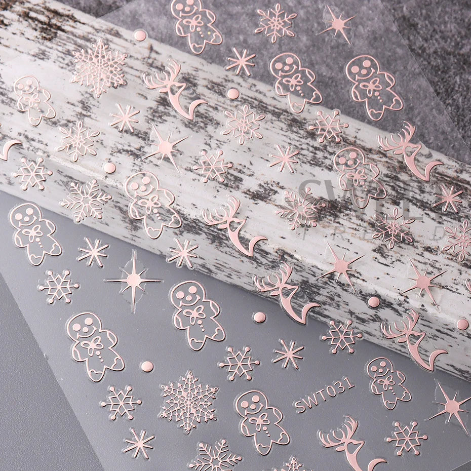 3D Rose Gold Christmas Nail Art Stickers Metallic Elk Snowflake Cookie Man Stars Geometric Lines Winter Xmas New Year Decoration