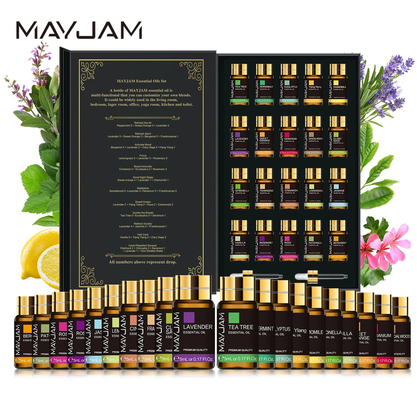 MAYJAM 20 Bottles Essential Oils Kit Set Lavender Jasmine Eucalyptus Vanilla Sandalwood Sweet Orange Geranium Patchouli