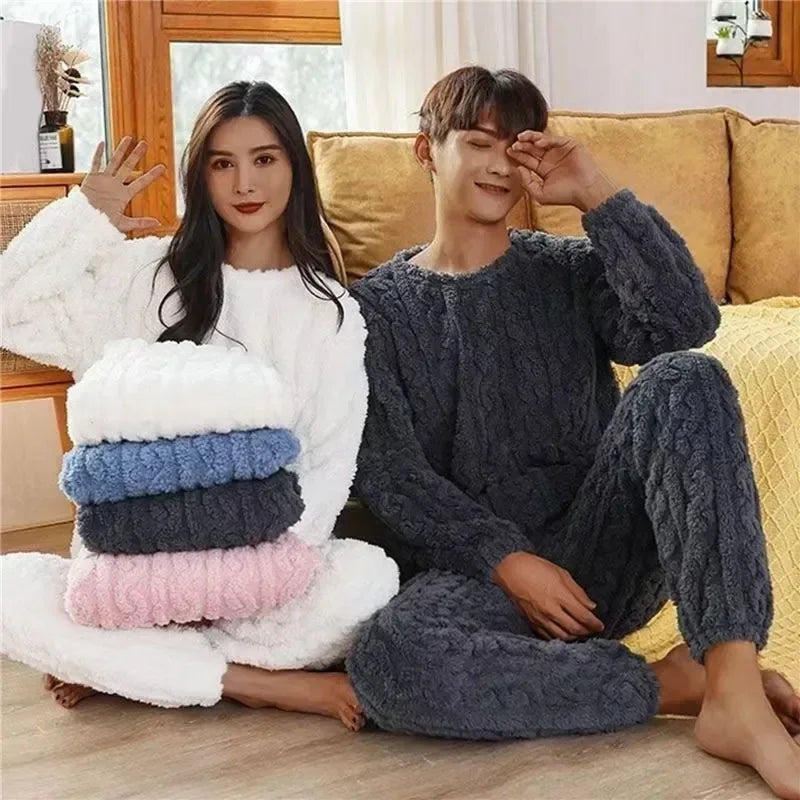 2 Sleepwear Women Piece Suit New Fleece Pajamas Night Warm Home Solid Fluffy Velvet Set Piiama Pant Wear Winter Casual O-neck