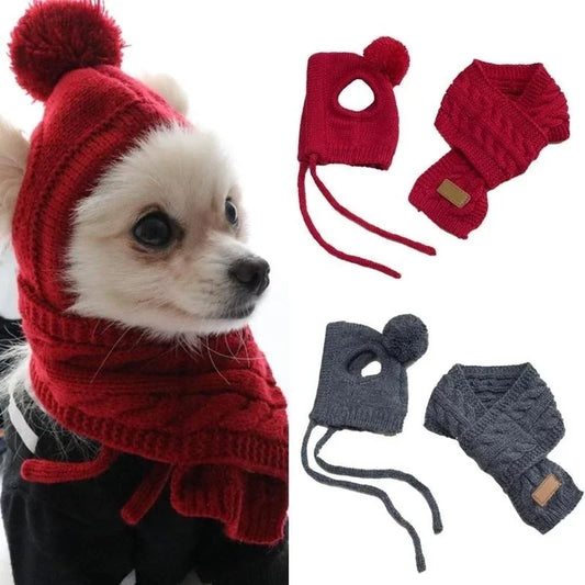 Winter Hat and Scarf Set for Dogs – Warm Striped Knitted Hat and Collar for Puppies, Teddy Dogs, Christmas Santa Costume Outfit