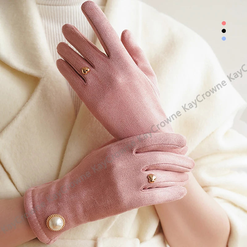 New Fashion Imitation Pearl Gloves for Women – Elegant Winter Touch Screen Gloves, Warm, Windproof, and Perfect for Riding and Daily Wear