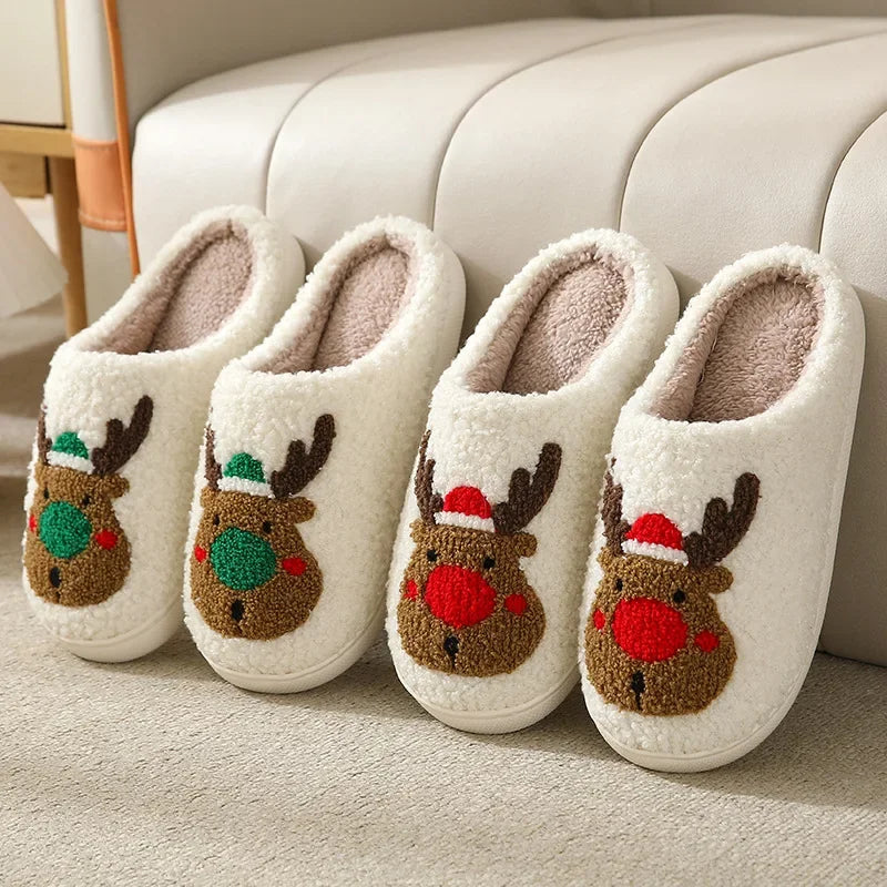 Christmas Elk Cotton Slippers for Couples – Cute Cartoon Non-Slip Indoor Plush Slippers for Women and Men, Warm Winter Floor Slides