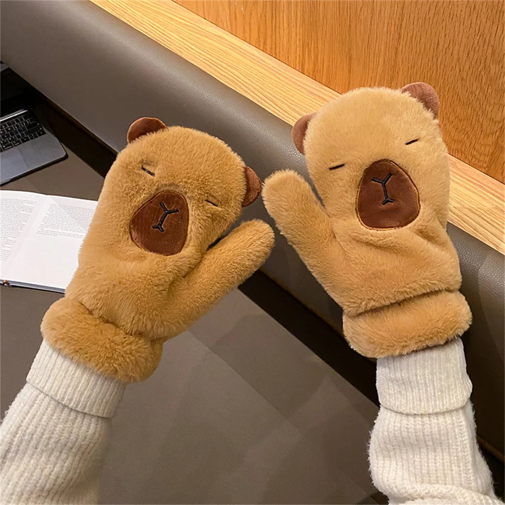 Women Girls Capybara Plush Gloves Fashion Cycling Neck Warmers Neck Scarf Windproof Mittens  Driving Running Accessories