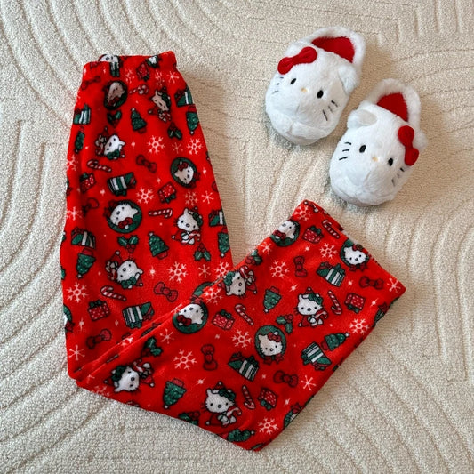 Hello Kitty Christmas Pajamas Pants – 2024 New Flannel Anime Sanrio Design, Cozy Winter Casual Trousers for Men and Women, Loose-Fit Home Pajamas