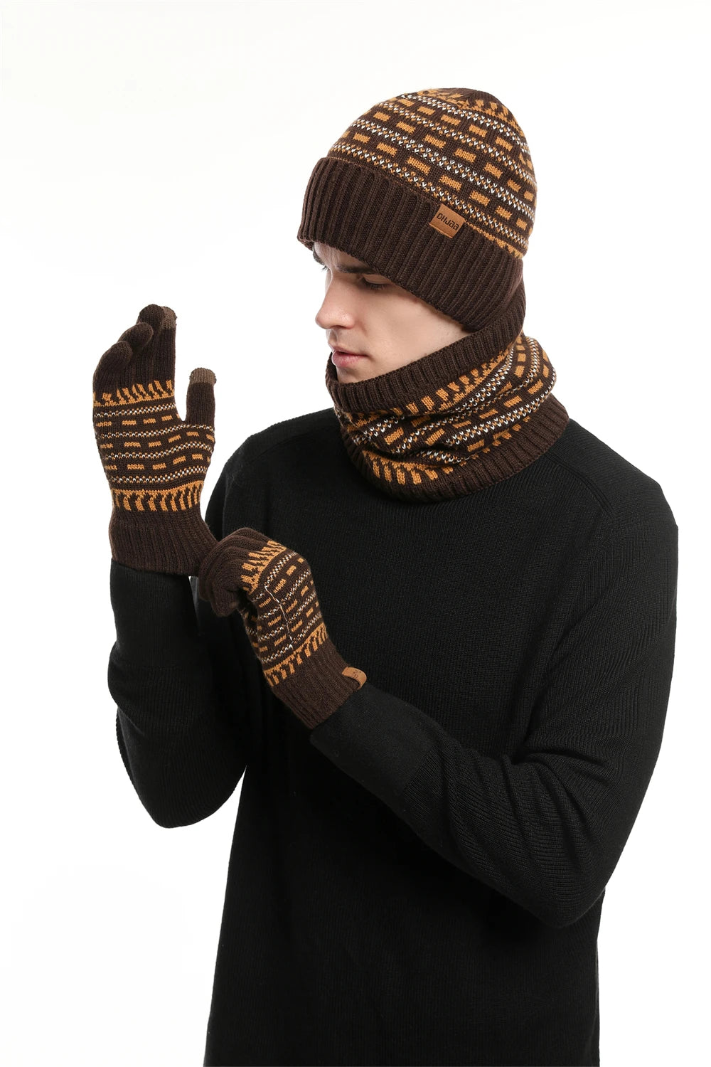 Men's Winter Keep Warm Set Unisex Beanie Telefingers Gloves Fleece Lining Scarf Male Woolen Yarn Knitted Muffler Neck Gaiter Hat