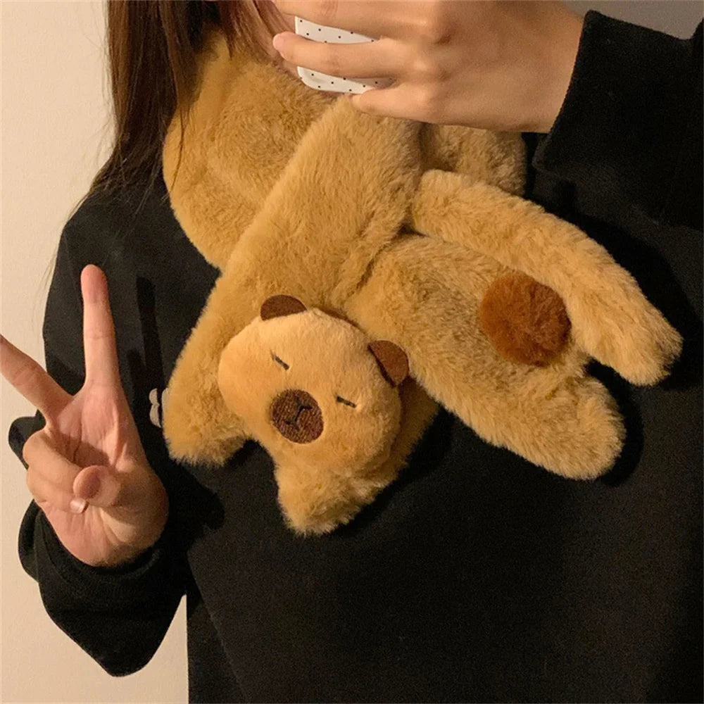 Women Girls Capybara Plush Gloves Fashion Cycling Neck Warmers Neck Scarf Windproof Mittens  Driving Running Accessories