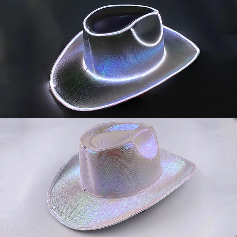 Hot Cowgirl Hat Men and Women's EL Wire Glow Cowboy Hat Wedding Party Supplies Glowing Jazz Hat Stage Shining Caps Photo Props