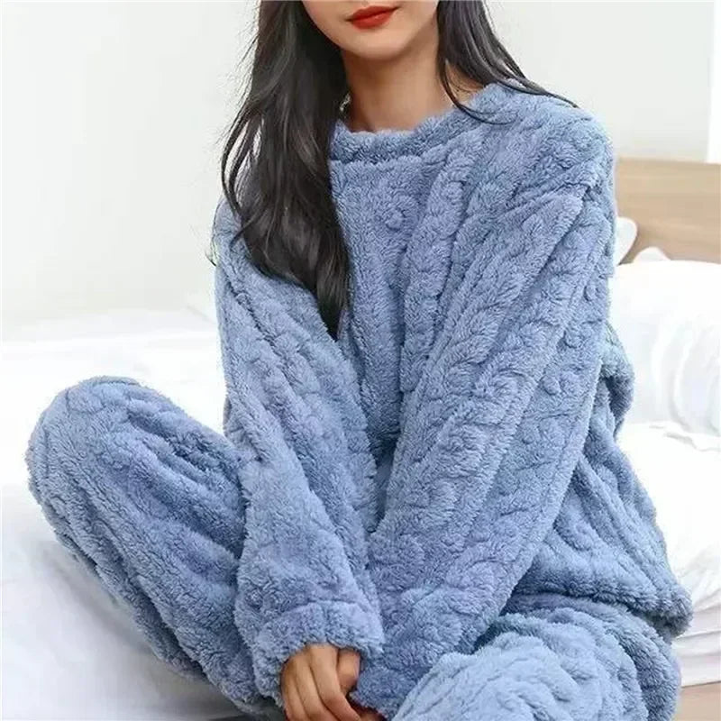 2 Sleepwear Women Piece Suit New Fleece Pajamas Night Warm Home Solid Fluffy Velvet Set Piiama Pant Wear Winter Casual O-neck