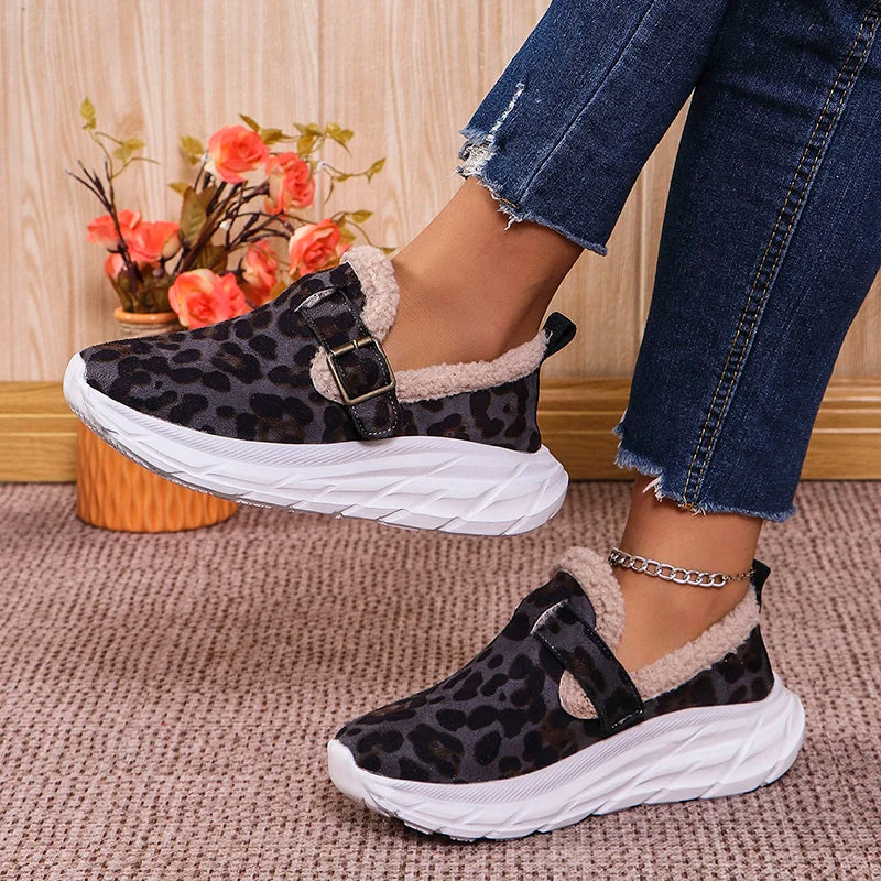 Fashion Leopard Print Wedges Sneakers Women's Faux Wool Lined Thick Sole Sport Shoes Winter New Shallow Running Shoes Mujer