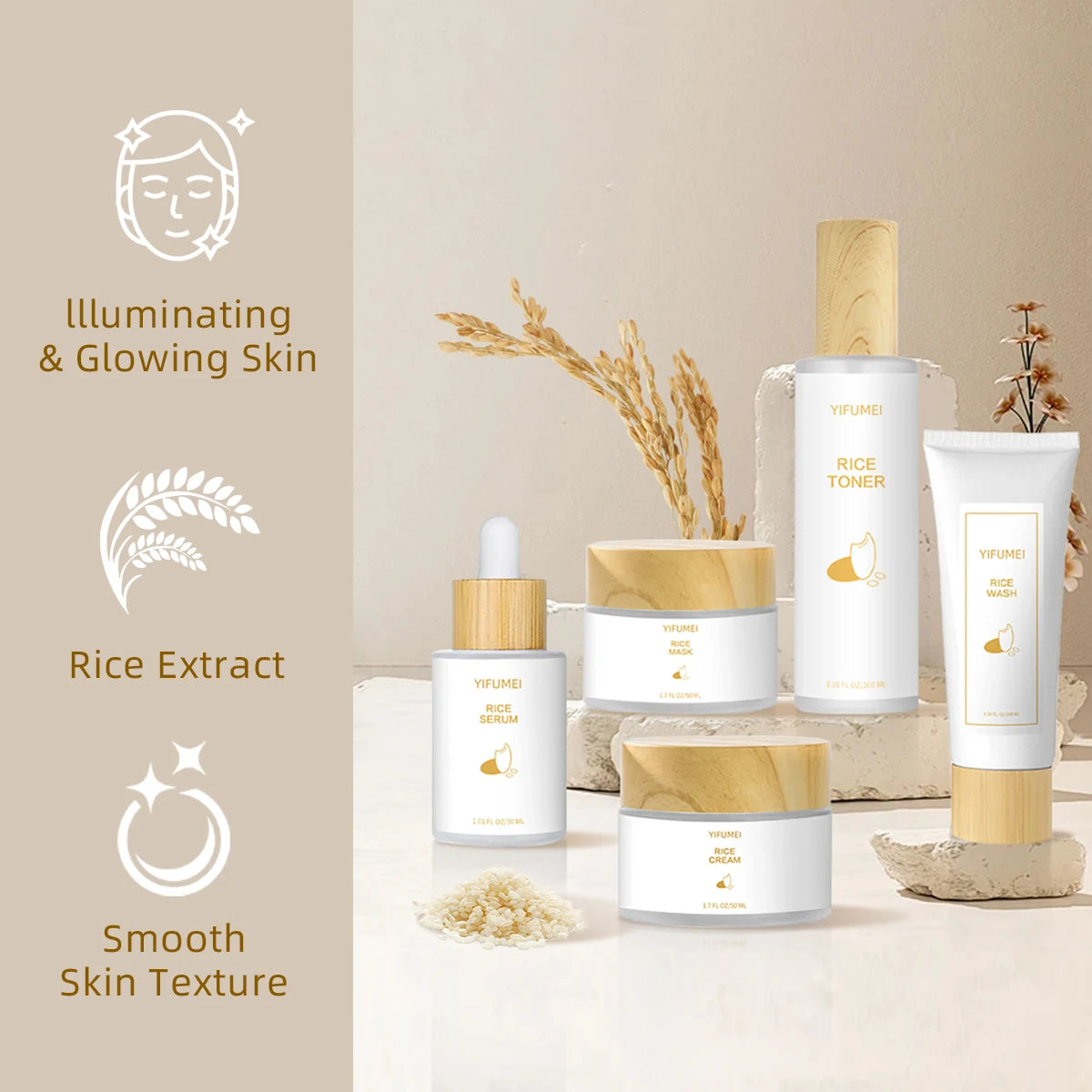 Rice 5-Pcs Facial Kit Face Skin Care Set Moisturizing Brightening Lifting Deep Facial Cleanser for Young Glowy Korean Skin