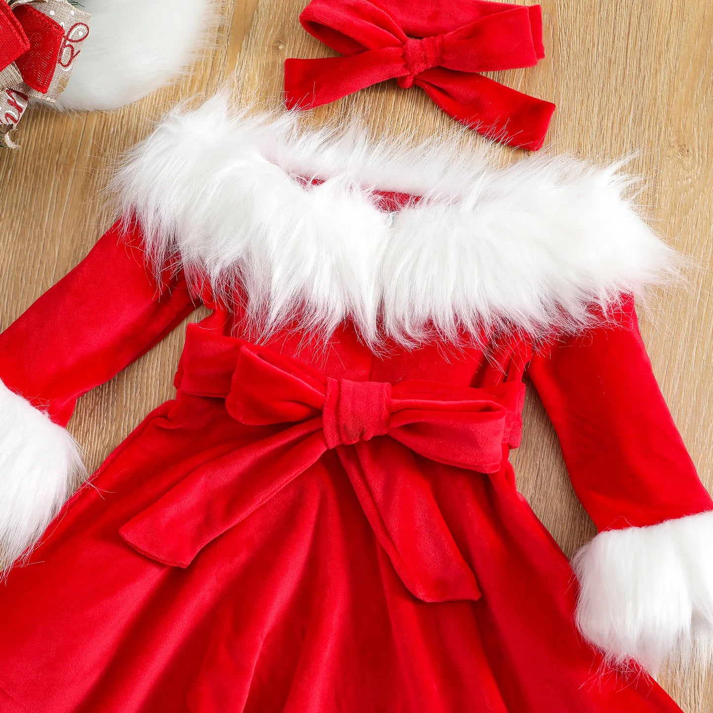 Christmas Dress for Girls (1-7Y) – Santa Claus-Inspired Red Princess Tulle Dress with Long Sleeves and Matching Headband"