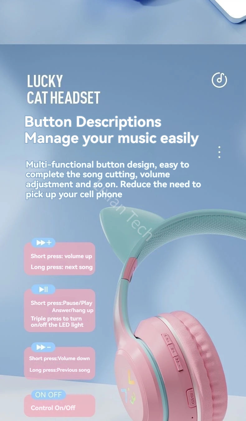 RGB Glow Portable Headphones Blutooth Controllable Light Cat Ear Noise Reduction Wireless Headphone Bluetooth Earphones Pc Gamer