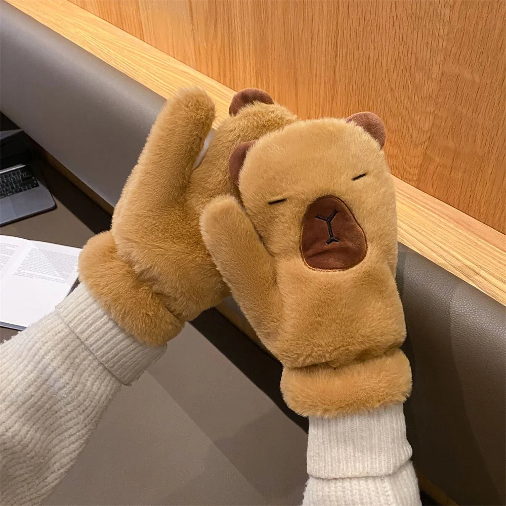 Women Girls Capybara Plush Gloves Fashion Cycling Neck Warmers Neck Scarf Windproof Mittens  Driving Running Accessories