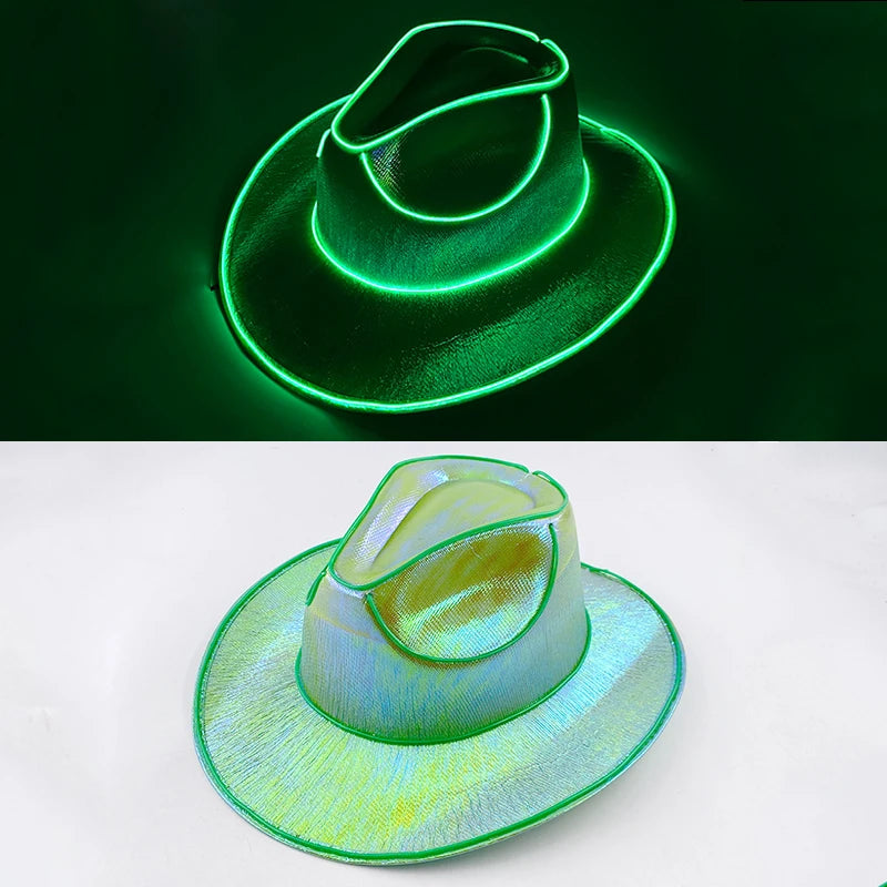 Hot Cowgirl Hat Men and Women's EL Wire Glow Cowboy Hat Wedding Party Supplies Glowing Jazz Hat Stage Shining Caps Photo Props