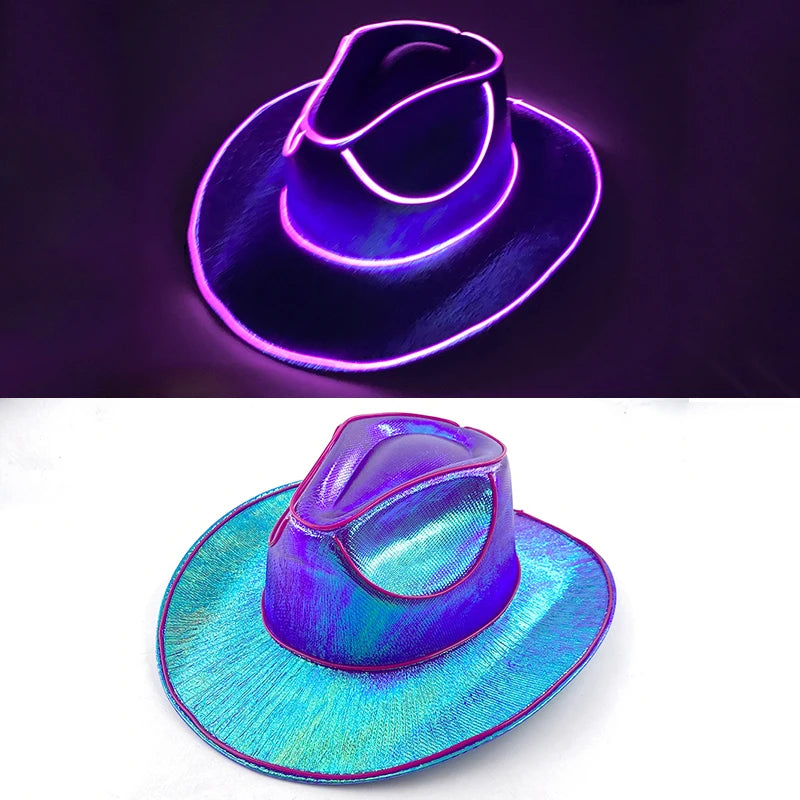 Hot Cowgirl Hat Men and Women's EL Wire Glow Cowboy Hat Wedding Party Supplies Glowing Jazz Hat Stage Shining Caps Photo Props