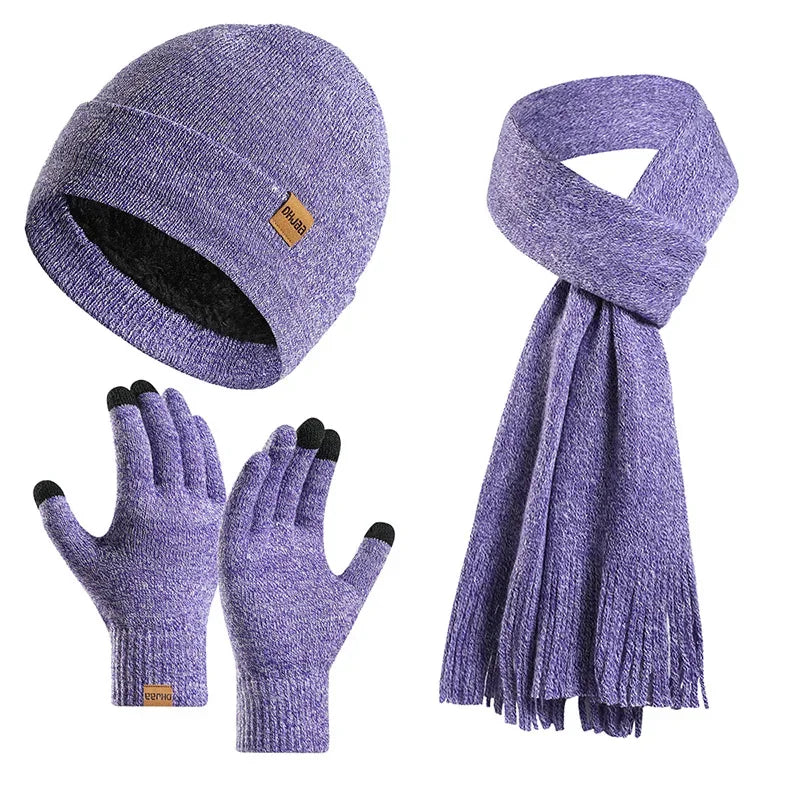 Fashion Plush Knitted Hat, Scarf, Gloves for Men and Women Winter Warm Woolen Yarn Three Piece Set Clothing Accessories Gift