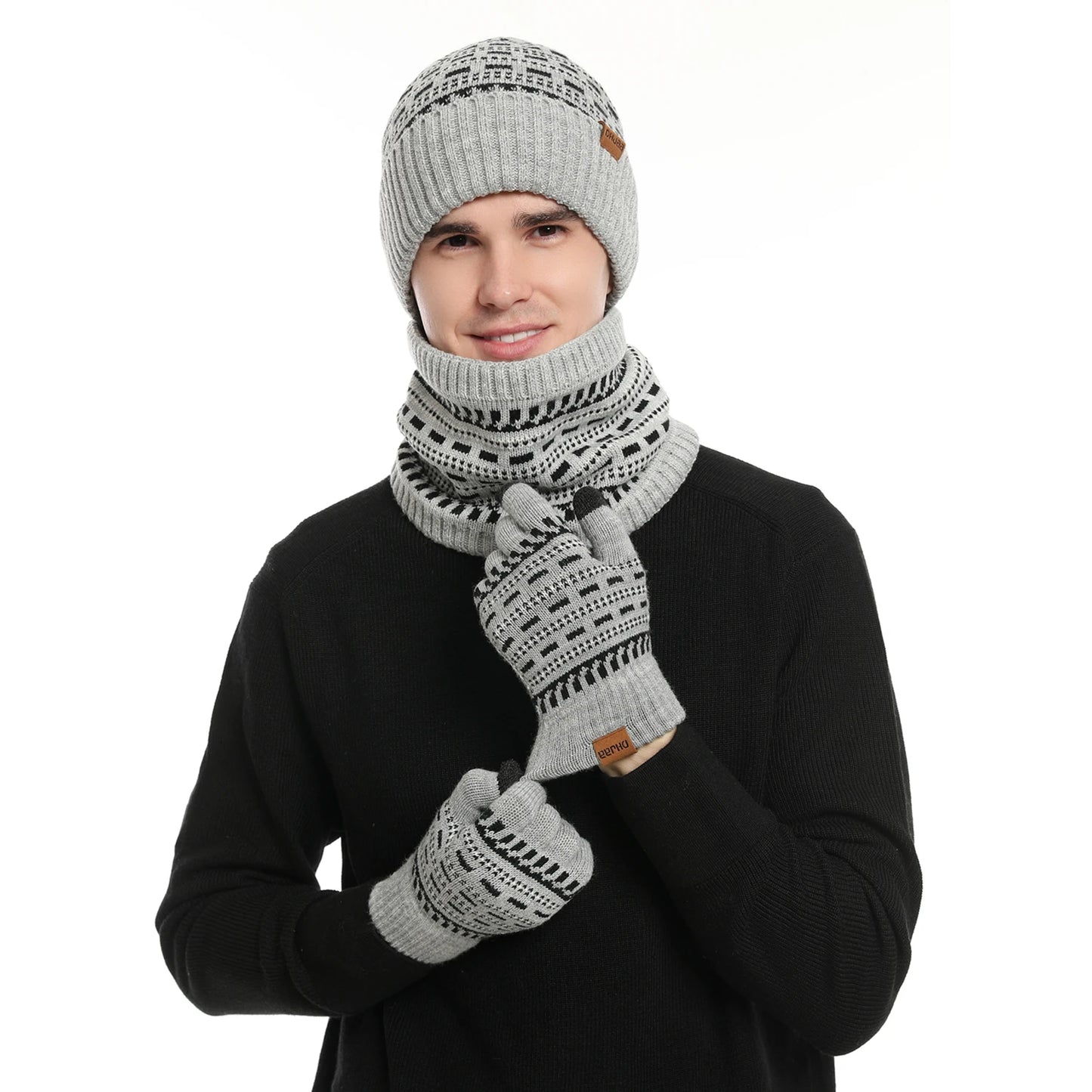 Men's Winter Keep Warm Set Unisex Beanie Telefingers Gloves Fleece Lining Scarf Male Woolen Yarn Knitted Muffler Neck Gaiter Hat