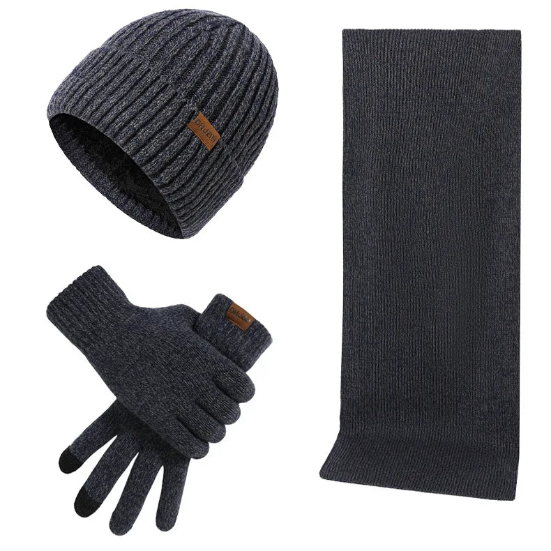 Men's Autumn Winter Keep Warm Set Beanie Gloves Scarf Male Woolen Yarn Knitted Muffler Spring Fall Hat Solid Color Neckerchief