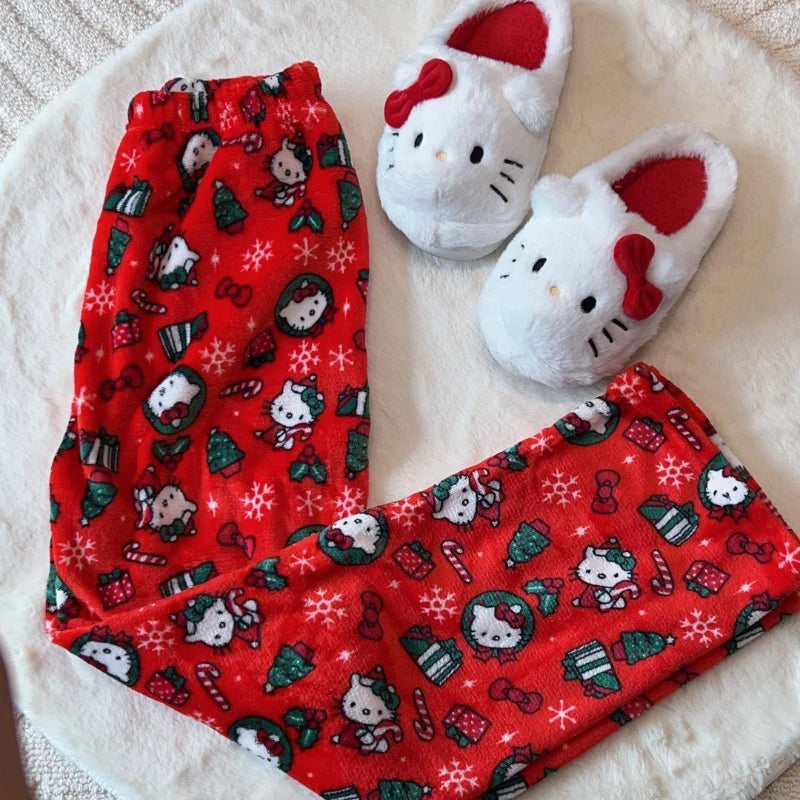 Hello Kitty Christmas Pajamas Pants – 2024 New Flannel Anime Sanrio Design, Cozy Winter Casual Trousers for Men and Women, Loose-Fit Home Pajamas