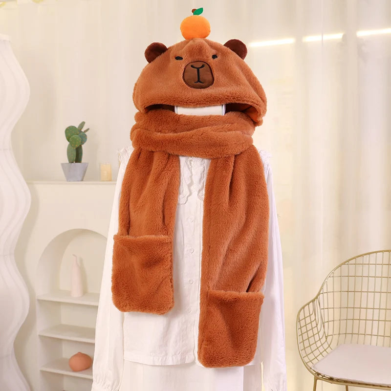 Cartoon High Quality New Capybara Plush Hat Scarf Gloves 3-in-1 Elk Creative Super Soft Warm Christmas Gift For Boys And Girls