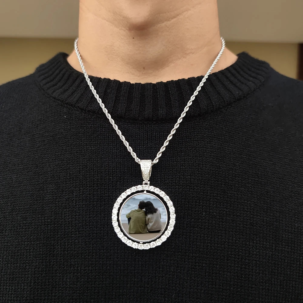 Custom Rotating Double Sides Photo Medallions Pendant Necklace Iced out Circle Photo Chain Pendant Couple Valentine's Day gift