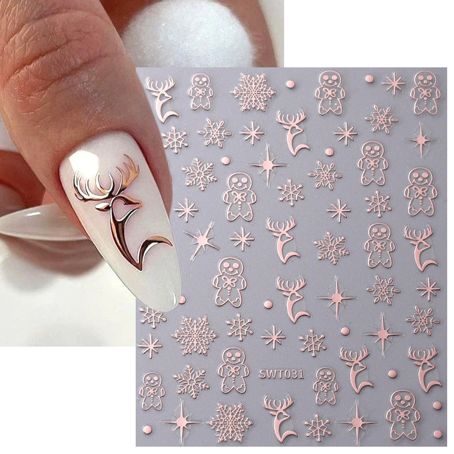 3D Rose Gold Christmas Nail Art Stickers Metallic Elk Snowflake Cookie Man Stars Geometric Lines Winter Xmas New Year Decoration