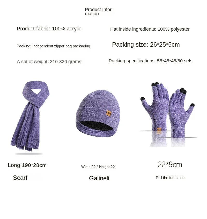 Fashion Plush Knitted Hat, Scarf, Gloves for Men and Women Winter Warm Woolen Yarn Three Piece Set Clothing Accessories Gift