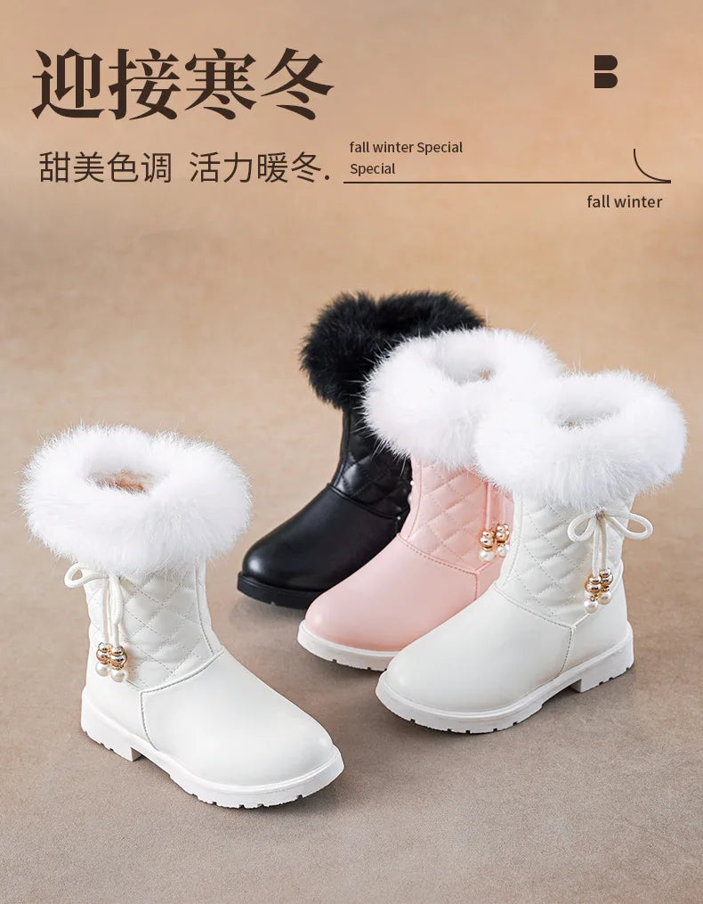 Winter Girl Boots Fashion Versatile Long Tube Boot Comfort Casual Cotton Boots Warm Princess Girl Shoe Velvet Simple Snow Boot