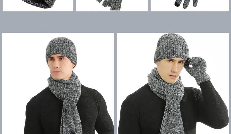 Men's Autumn Winter Keep Warm Set Beanie Gloves Scarf Male Woolen Yarn Knitted Muffler Spring Fall Hat Solid Color Neckerchief