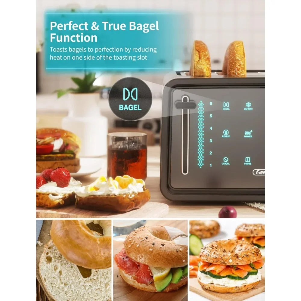 Toaster 4 Slice,Led Display Touchscreen Bagel Toaster with Dual Control Panels of Bagel/Reheat/Defrost/Cancel/Toasting