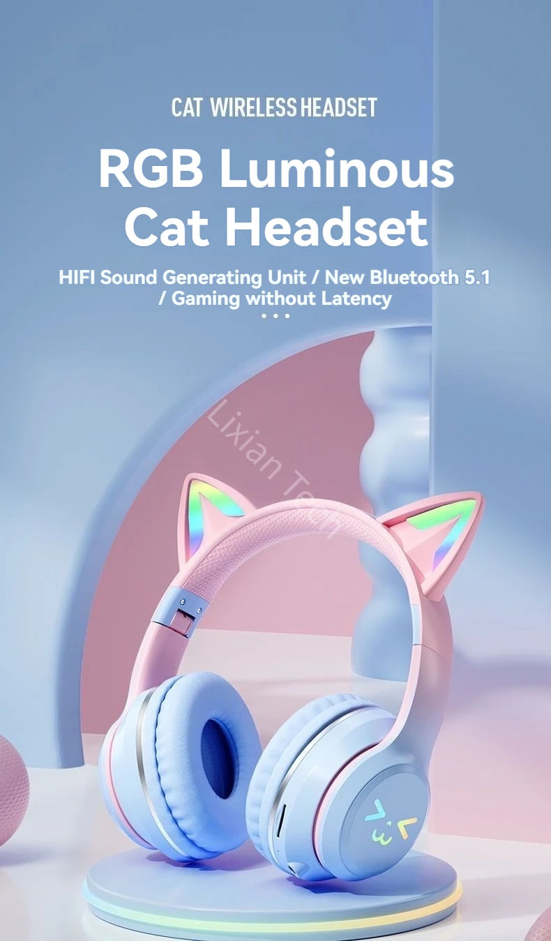 RGB Glow Portable Headphones Blutooth Controllable Light Cat Ear Noise Reduction Wireless Headphone Bluetooth Earphones Pc Gamer