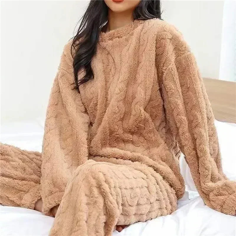 2 Sleepwear Women Piece Suit New Fleece Pajamas Night Warm Home Solid Fluffy Velvet Set Piiama Pant Wear Winter Casual O-neck