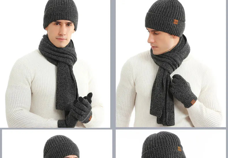 Men's Autumn Winter Keep Warm Set Beanie Gloves Scarf Male Woolen Yarn Knitted Muffler Spring Fall Hat Solid Color Neckerchief