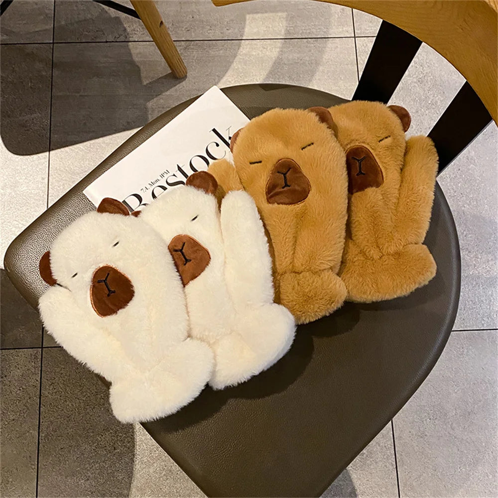 Women Girls Capybara Plush Gloves Fashion Cycling Neck Warmers Neck Scarf Windproof Mittens  Driving Running Accessories