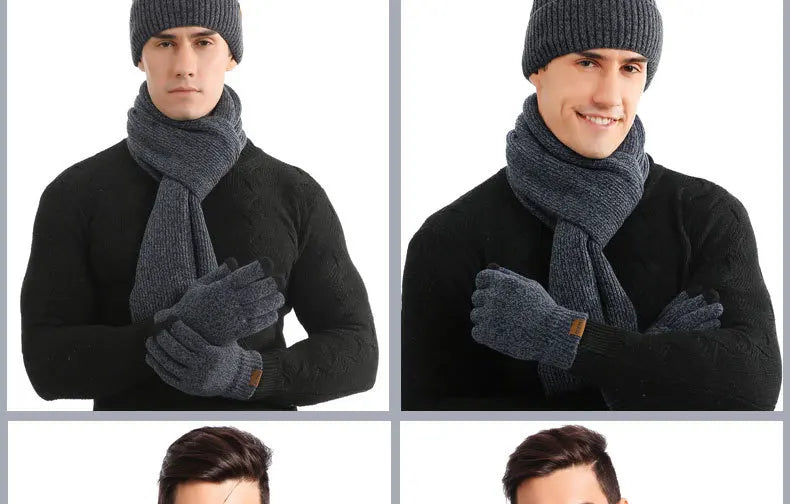 Men's Autumn Winter Keep Warm Set Beanie Gloves Scarf Male Woolen Yarn Knitted Muffler Spring Fall Hat Solid Color Neckerchief