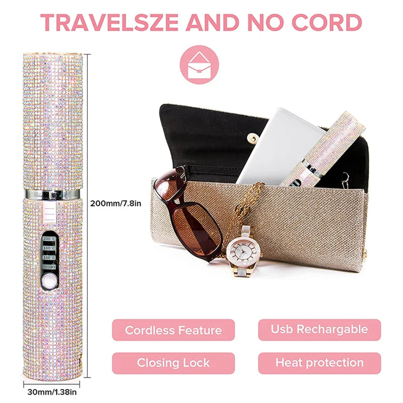 Portable Hair Straightener with Rhinestones – Stylish and Compact, Perfect for On-the-Go Hair Styling