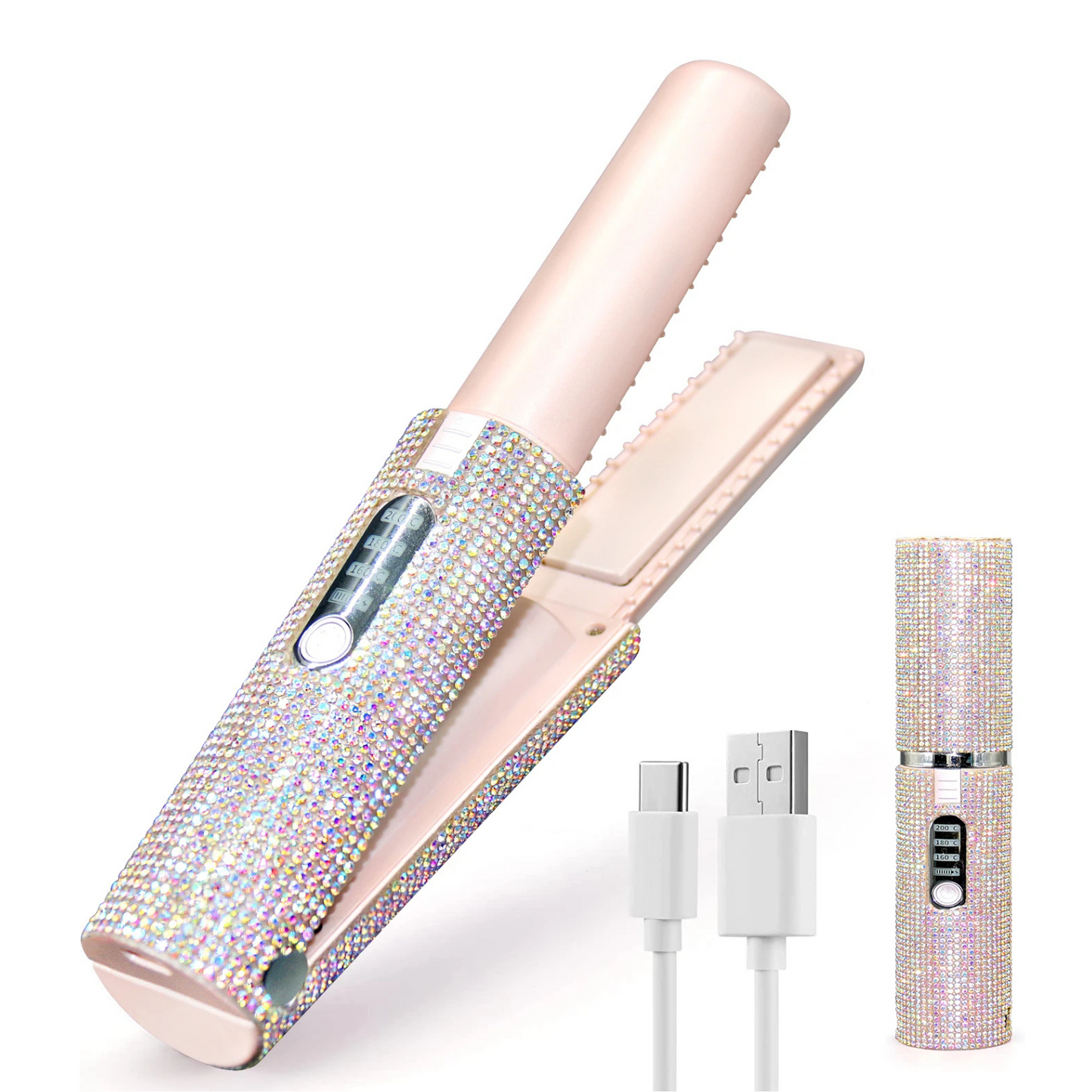 Portable Hair Straightener with Rhinestones – Stylish and Compact, Perfect for On-the-Go Hair Styling